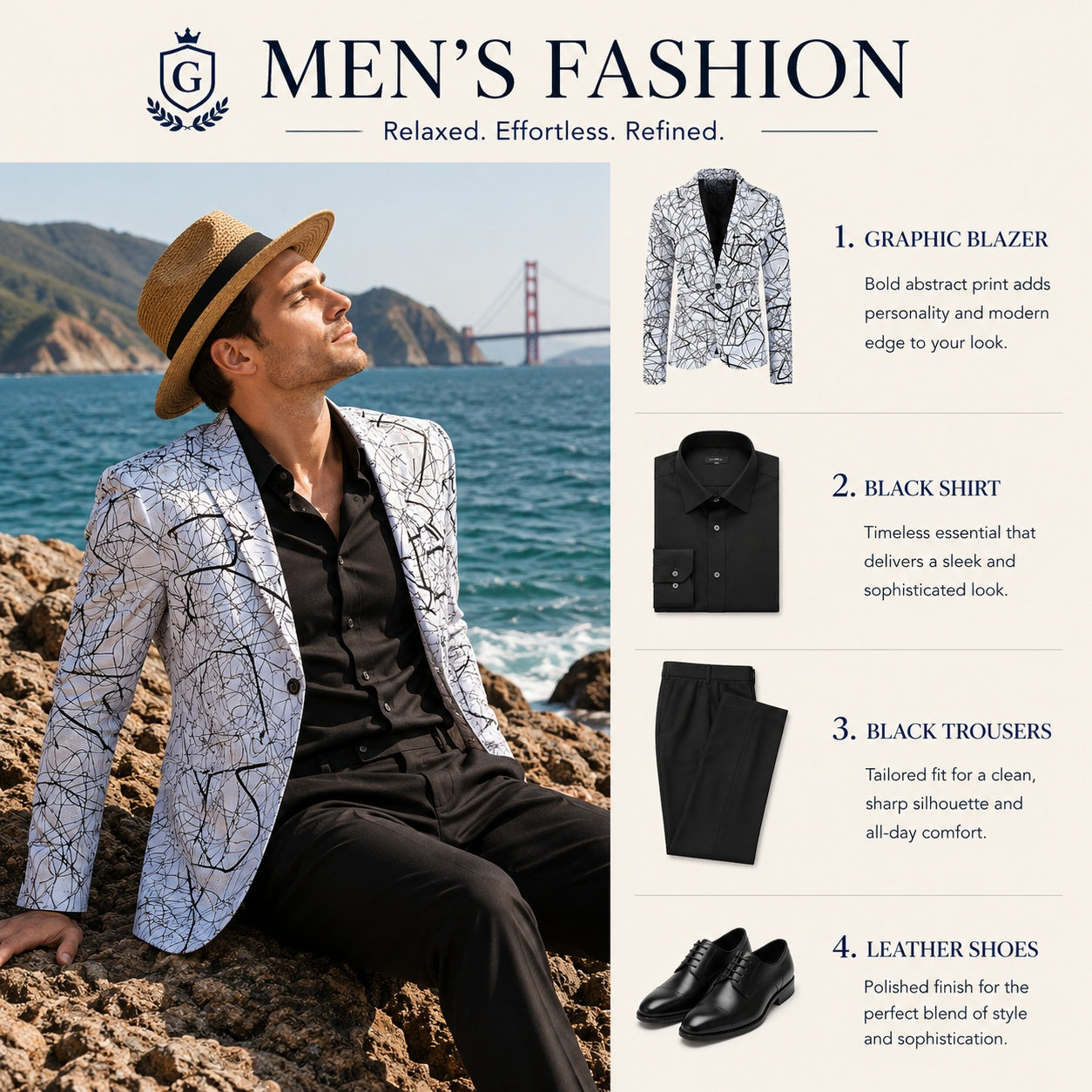 Style guide featuring a white abstract print blazer paired with solid black trousers and a straw hat.