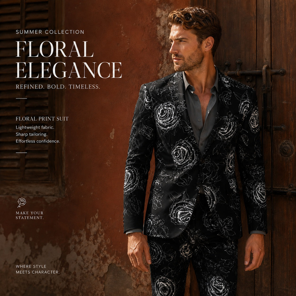 Editorial shot of "Floral Elegance" summer collection men's suit with white rose pattern against a rustic wall.