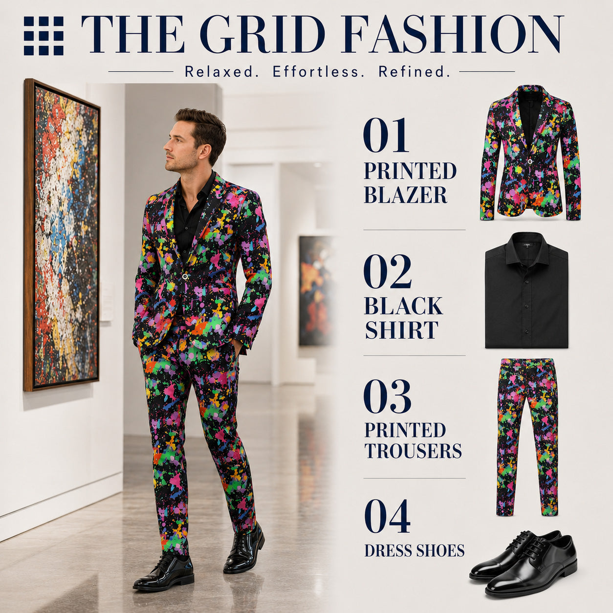 The Grid Fashion outfit guide featuring a full neon splatter print suit, black dress shirt, and black leather dress shoes in an art gallery setting.