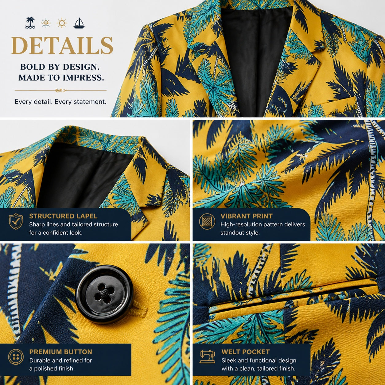 Details of tropical blazer showing lapel, print quality, and premium buttons