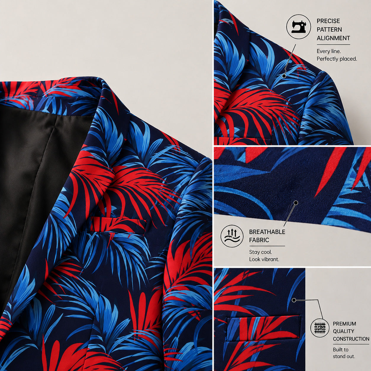 Close-up details of a premium men's printed blazer highlighting precise pattern alignment on shoulders, breathable textured fabric, and high-quality construction of the lapel and pockets.
