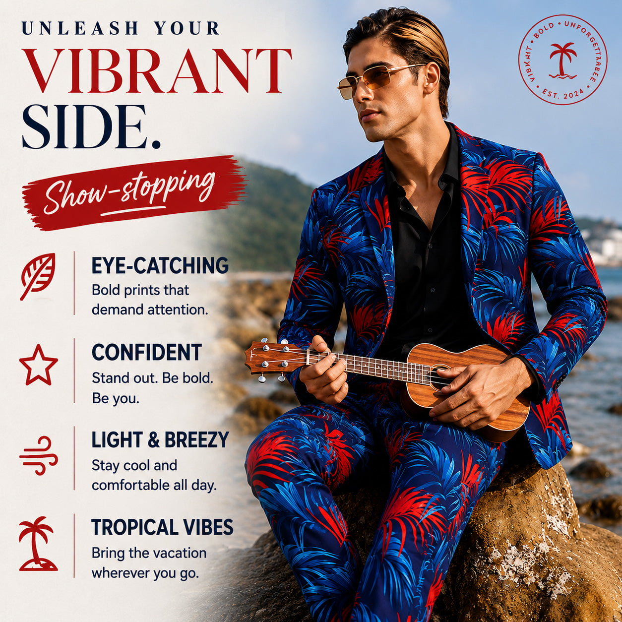 Marketing banner for Wisholic featuring a man playing a ukulele on beach rocks, showcasing a vibrant blue and red tropical print suit with product features like eye-catching and breathable fabric.