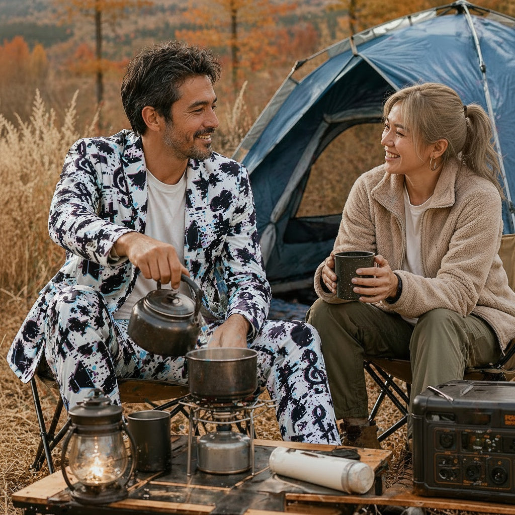 A relaxed look featuring the music print suit worn during a luxury outdoor camping session.
