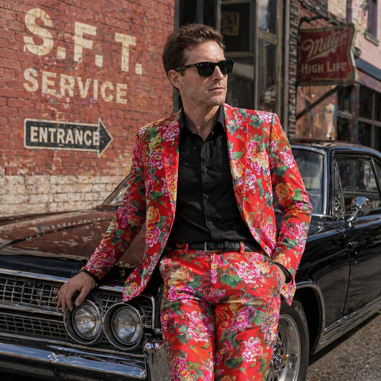 Elegant man wearing a vibrant red peony print blazer leaning on a classic black car, showcasing bold streetwear fashion.