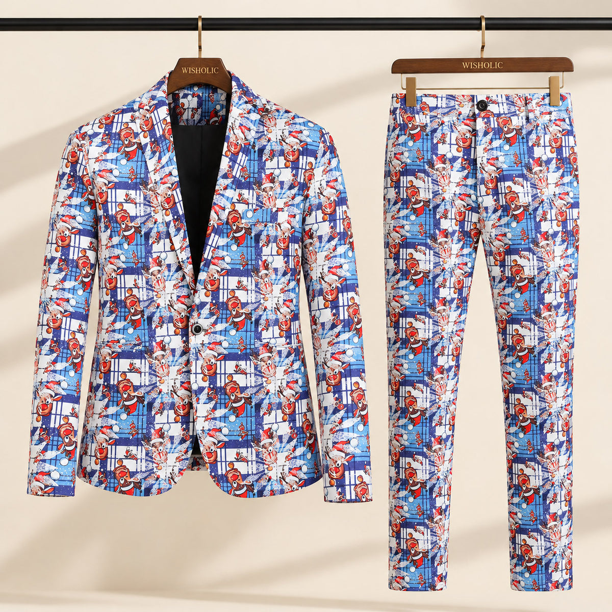 Wisholic 2-piece men's novelty holiday suit set with matching reindeer print blazer and trousers on branded hangers