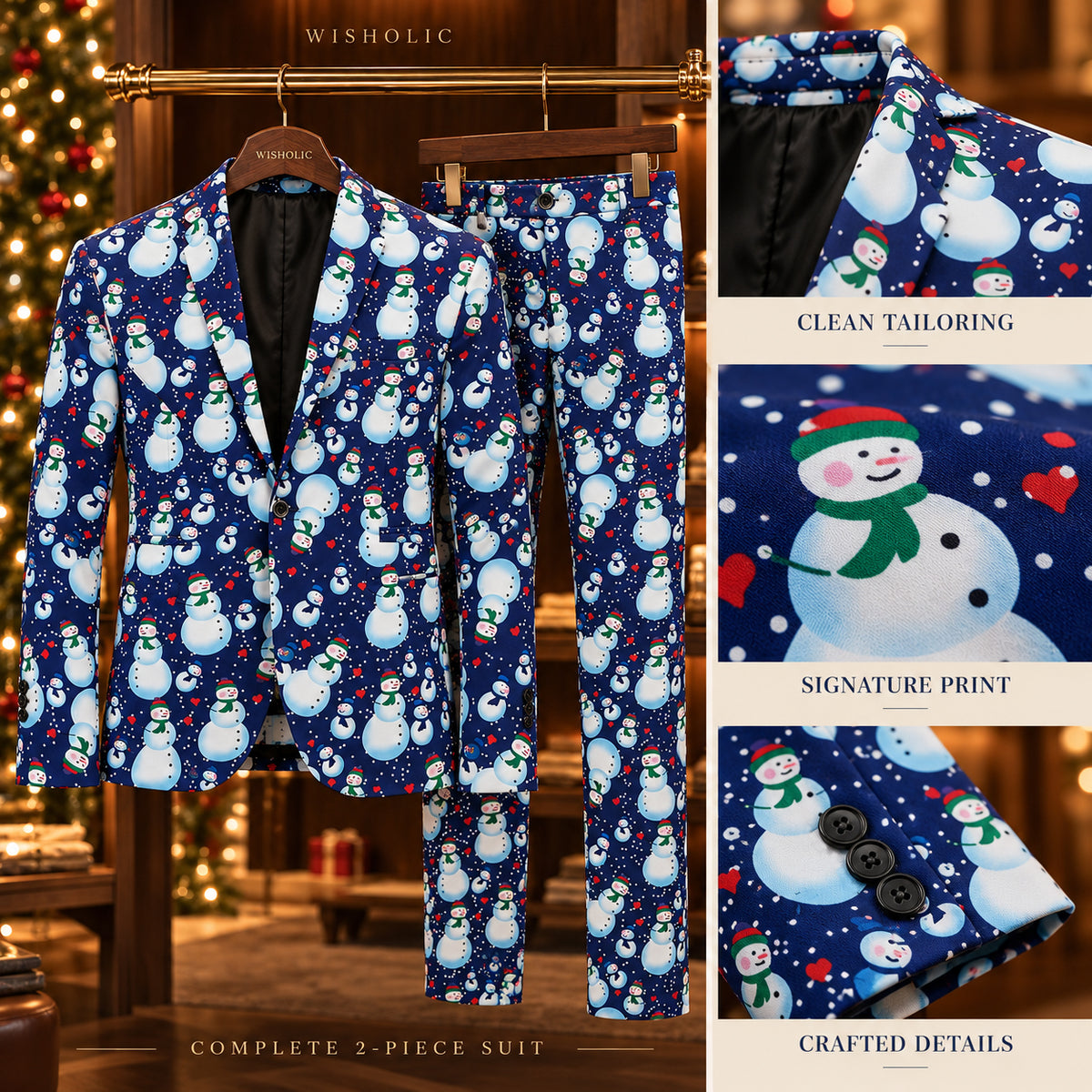 Wisholic complete 2-piece blue snowman printed suit layout displaying clean tailoring, signature holiday print, and crafted cuff buttons details.