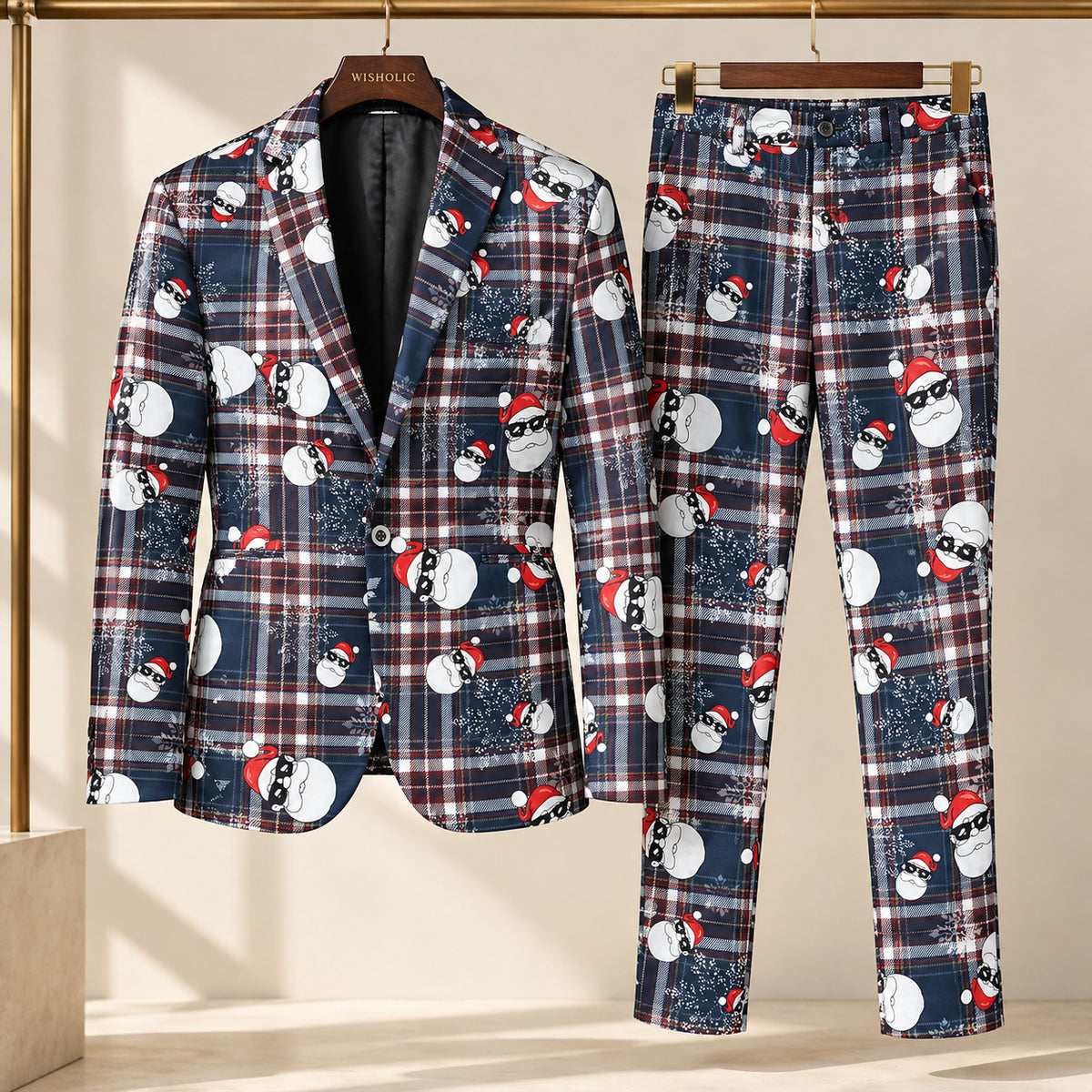 Wisholic 2-piece Christmas suit set hanging on gold rack, including plaid Santa Claus printed blazer jacket and matching trousers.