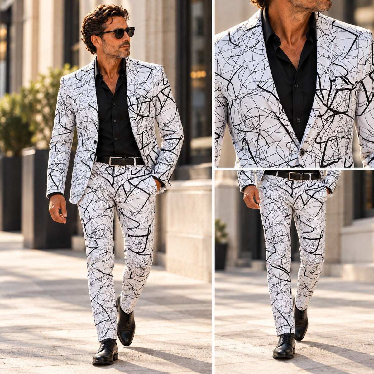 Full-body walking shot and detailed collage of the Wisholic abstract line art two-piece suit[cite: 43]