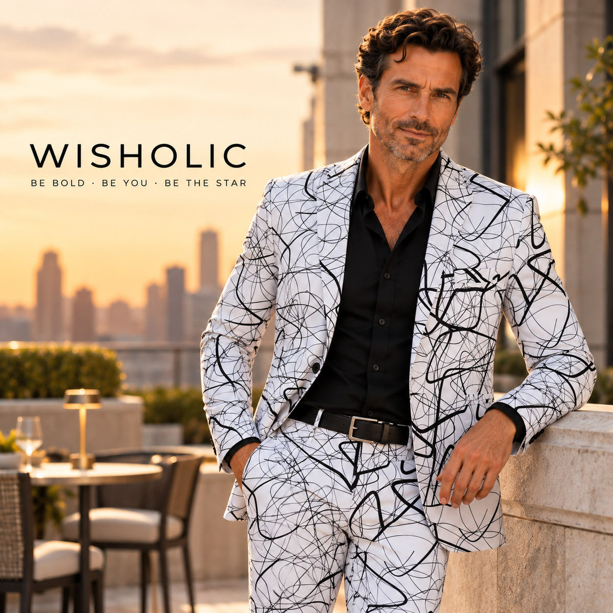 Wisholic campaign visual featuring a man in the abstract line art suit leaning on a rooftop terrace at sunset[cite: 47]
