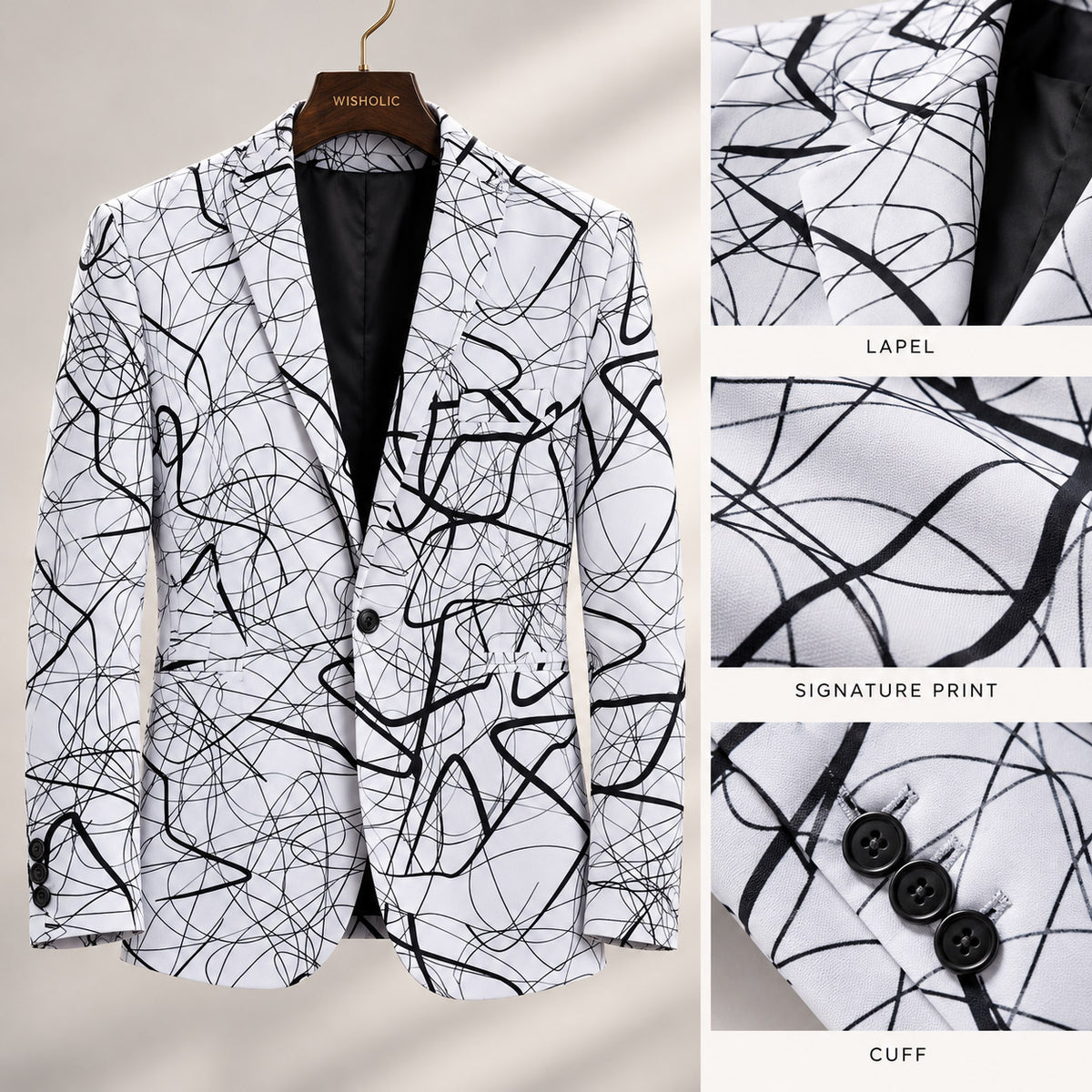 Close-up craftsmanship details of the lapel, line print pattern, and button cuffs on Wisholic abstract blazer[cite: 46]