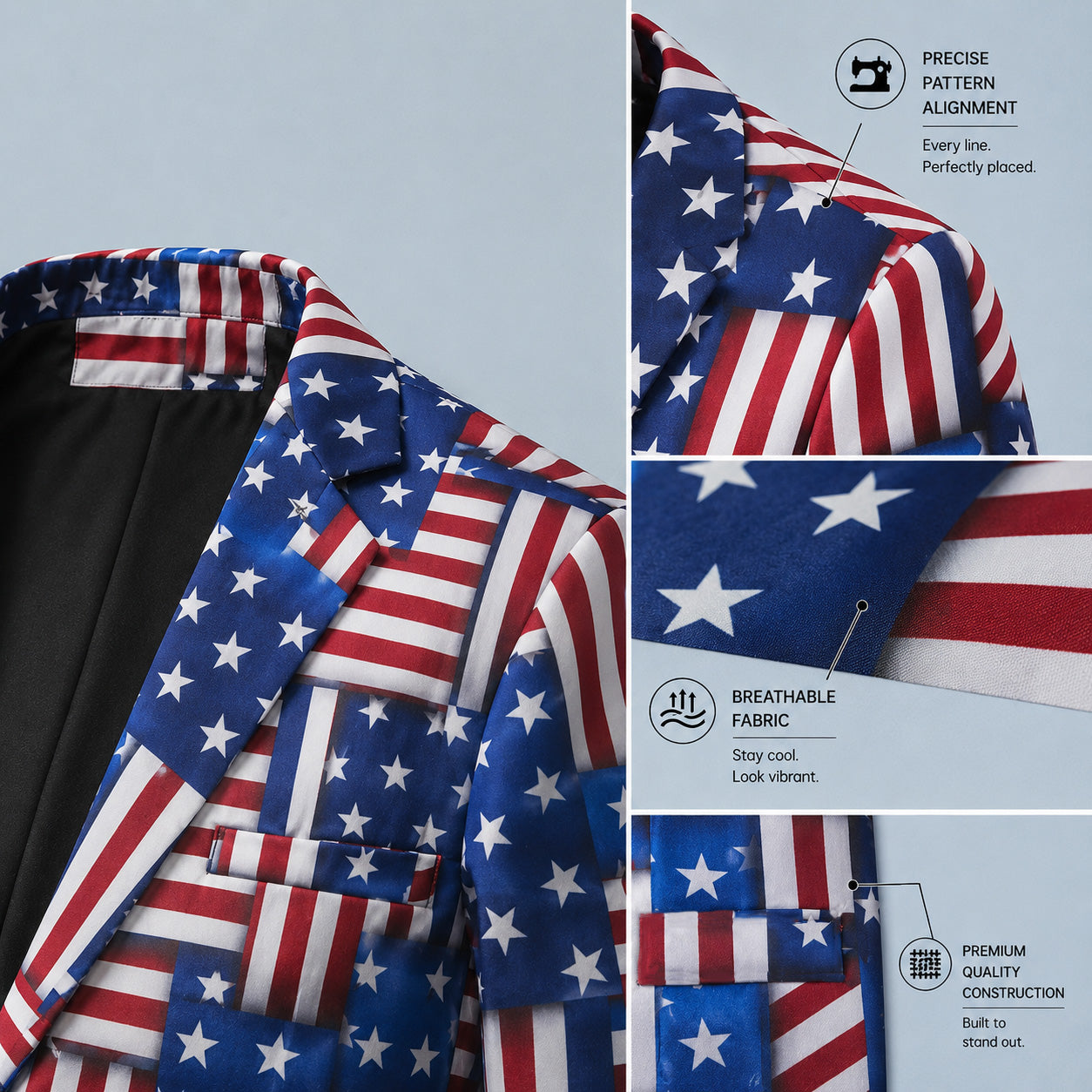 Close-up material details of Wisholic American flag printed suit, highlighting precise pattern alignment, breathable fabric quality, and premium construction.