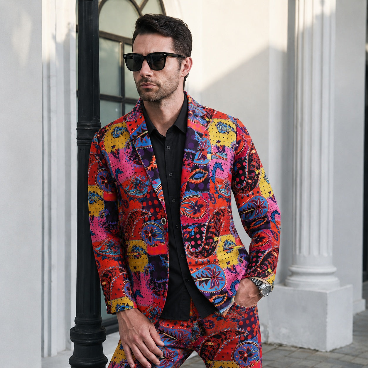 Close-up view of Wisholic artistic paisley print men's blazer, showcasing perfect slim fit tailoring and bold saturated patterns for confident modern luxury.