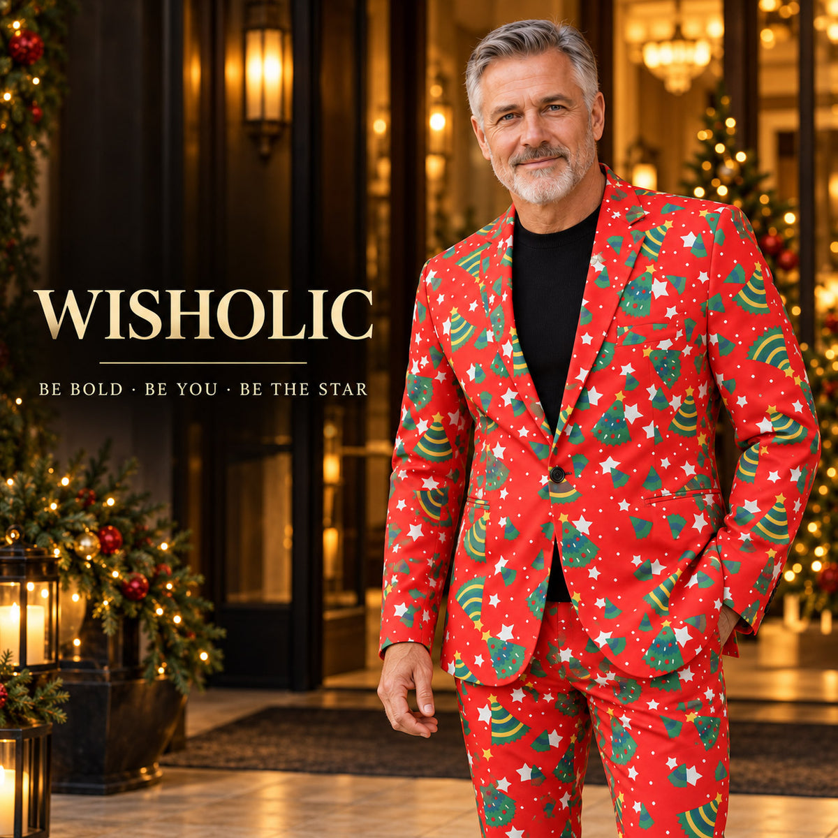 Wisholic Be Bold Be You campaign poster featuring dapper gentleman in statement red Christmas tree print suit