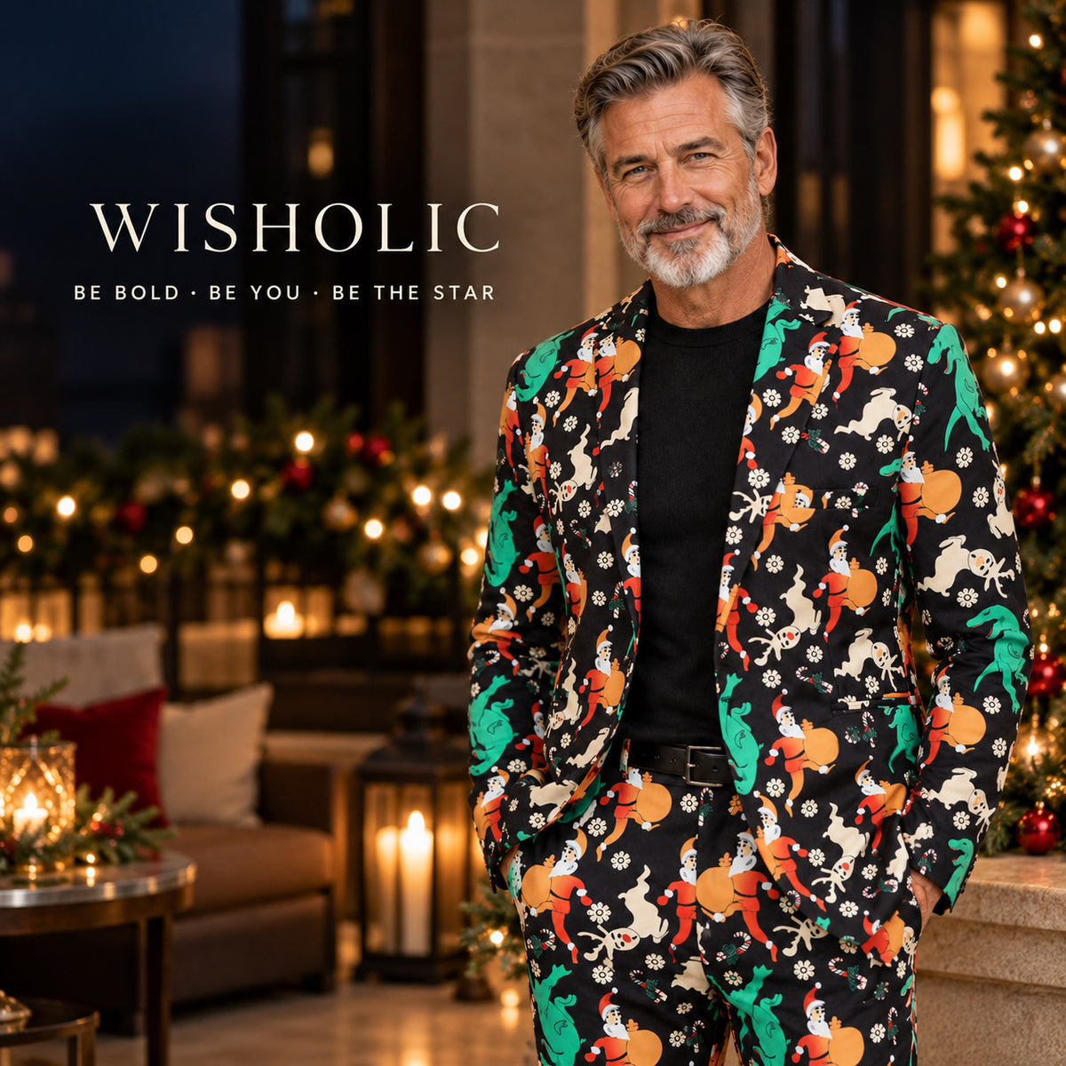 Wisholic holiday campaign banner featuring model in Christmas Santa suit with brand slogan Be Bold Be You Be The Star