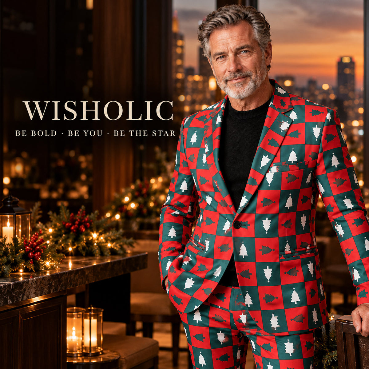 Wisholic statement Christmas tree print holiday suit featuring brand slogan Be Bold Be You Be The Star