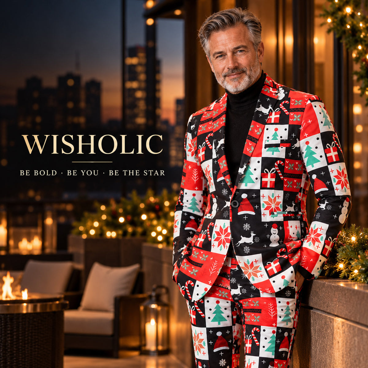 Wisholic Be Bold holiday statement Christmas suit worn by a stylish man on a luxury rooftop lounge