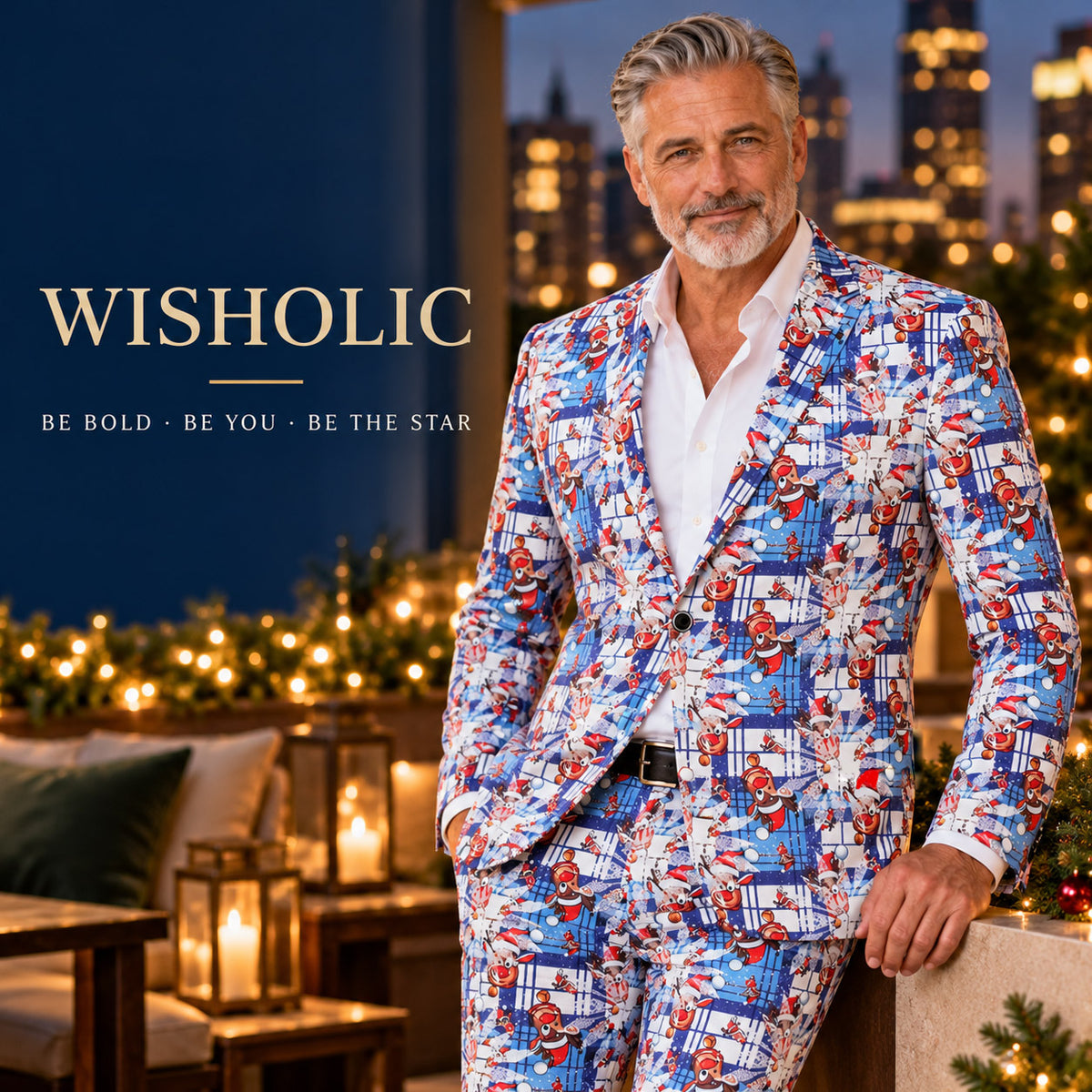 Wisholic signature statement Christmas suit worn by distinguished model at an evening rooftop terrace with warm holiday lights