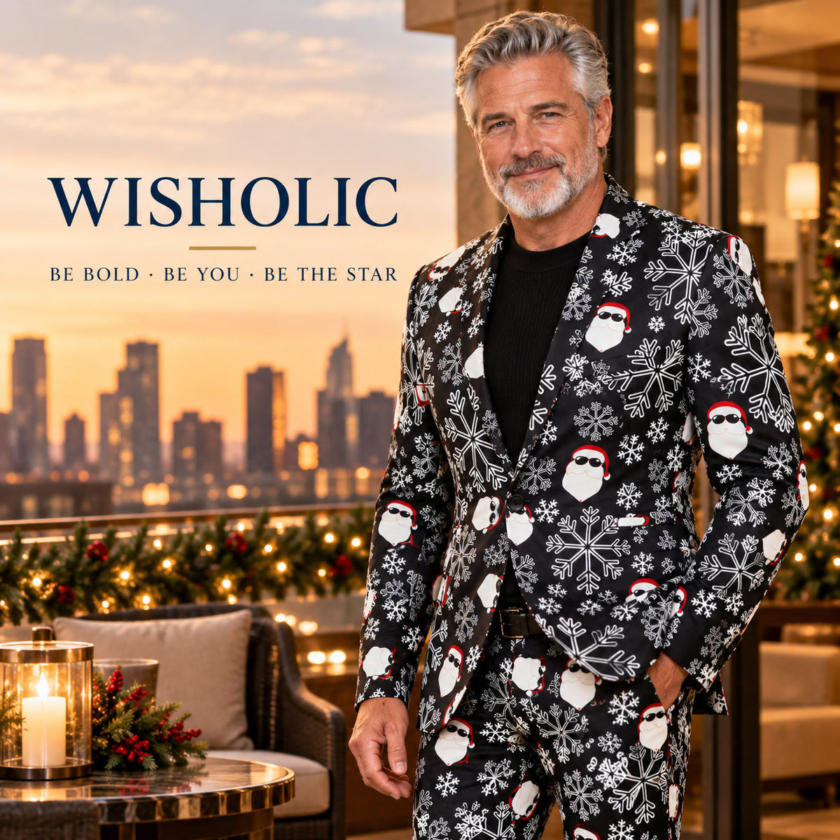 Wisholic brand campaign image featuring a distinguished gentleman in a black Christmas suit against a sunset city skyline with the tagline Be Bold Be You