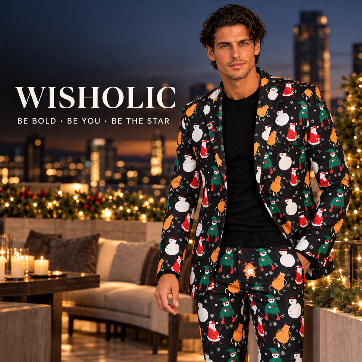 Wisholic holiday campaign photo featuring model in tailored black Christmas characters suit standing on a nighttime terrace with city lights