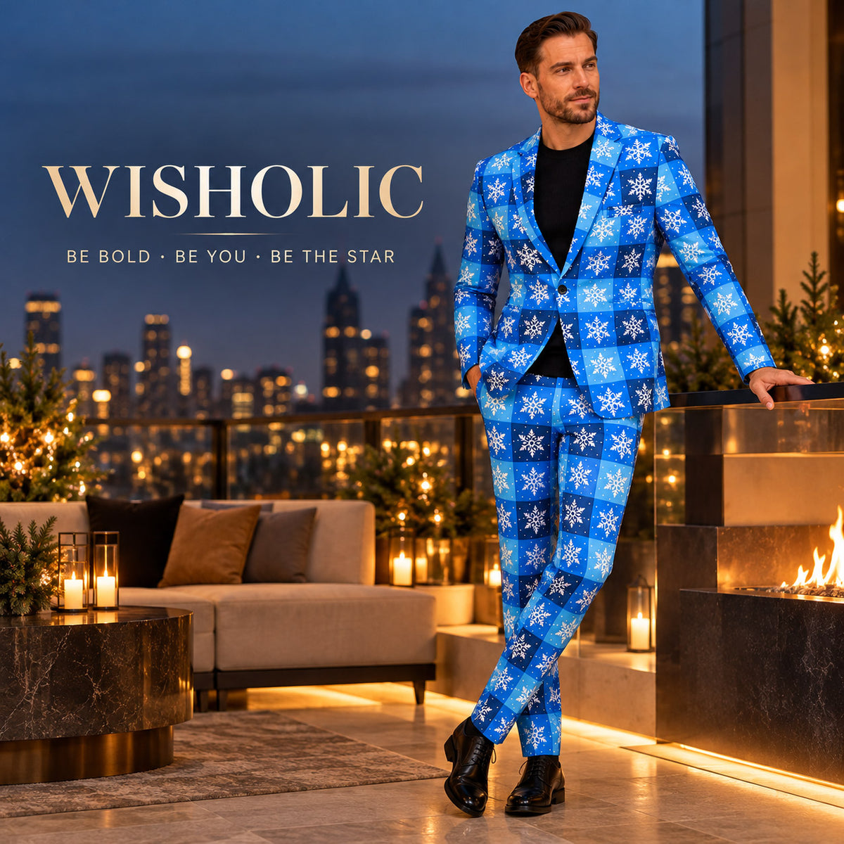 Wisholic holiday campaign photo featuring model in tailored blue plaid snowflake Christmas suit standing on a nighttime terrace
