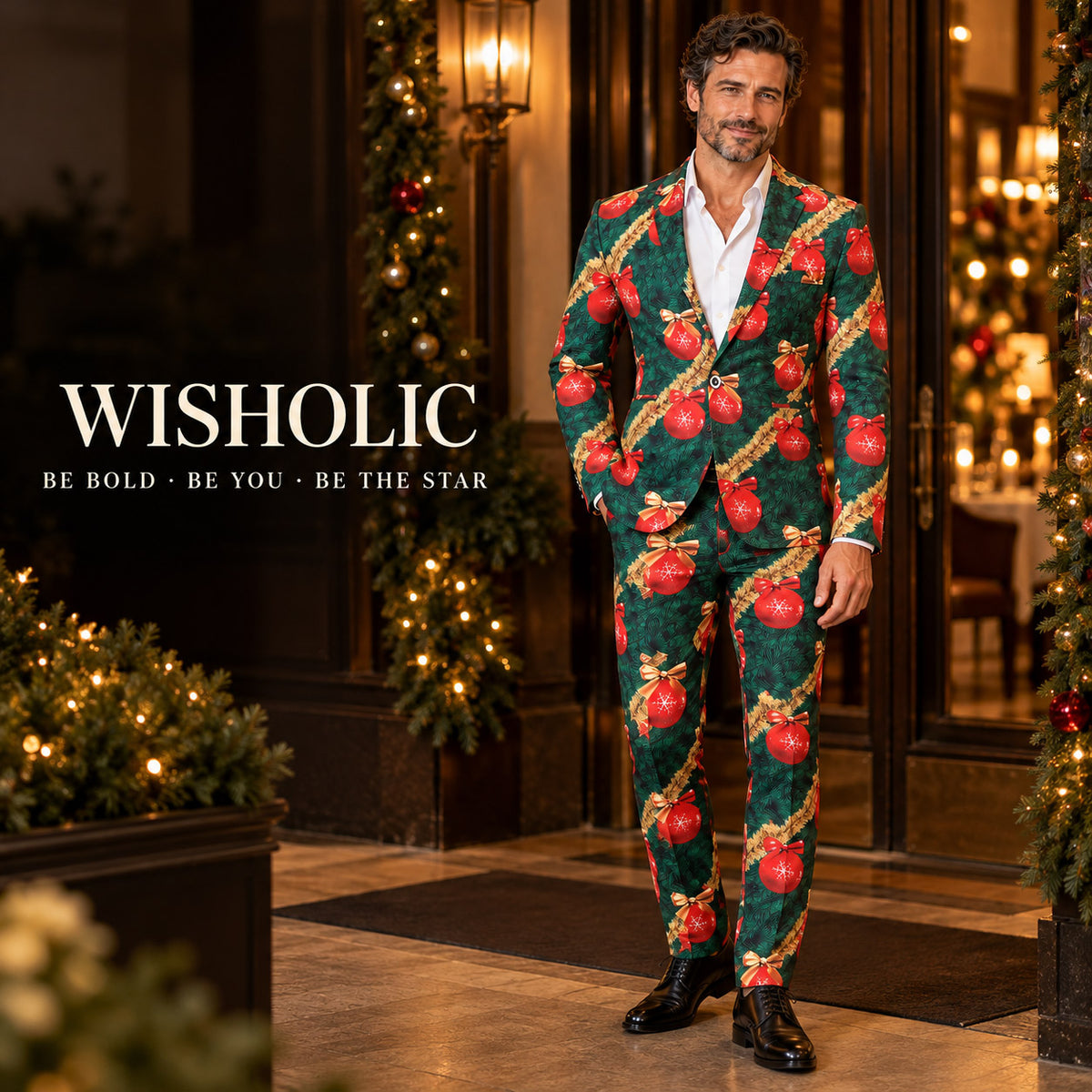 Wisholic holiday campaign photo featuring model in tailored pine garland and red bauble Christmas suit standing at party entrance