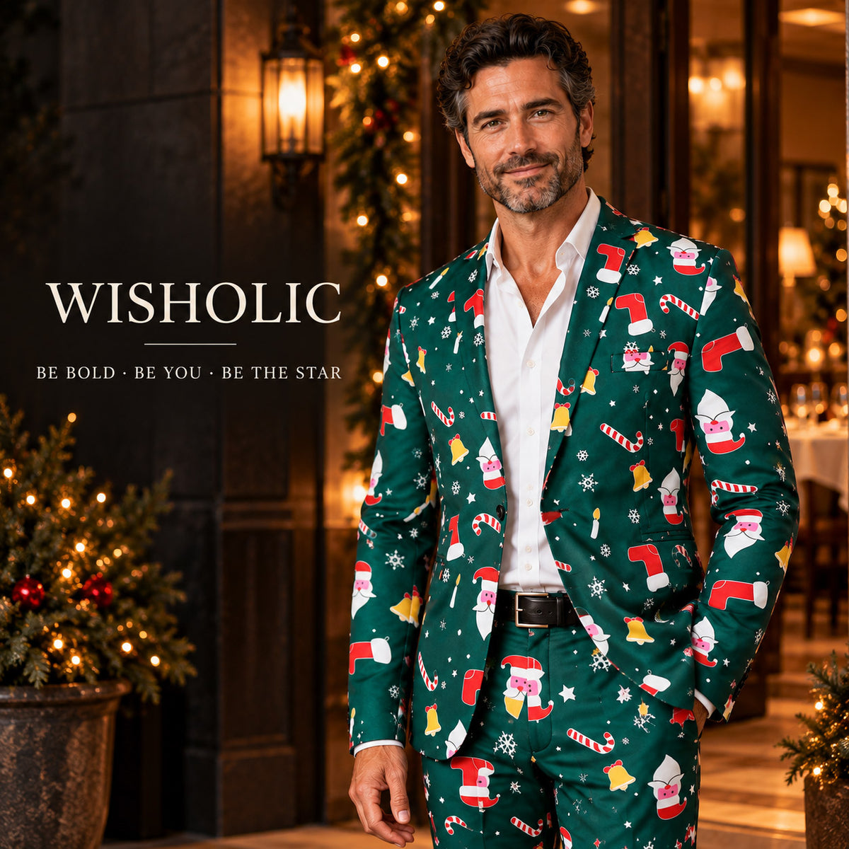 Wisholic holiday campaign photo featuring model in tailored green Christmas print suit standing at party entrance