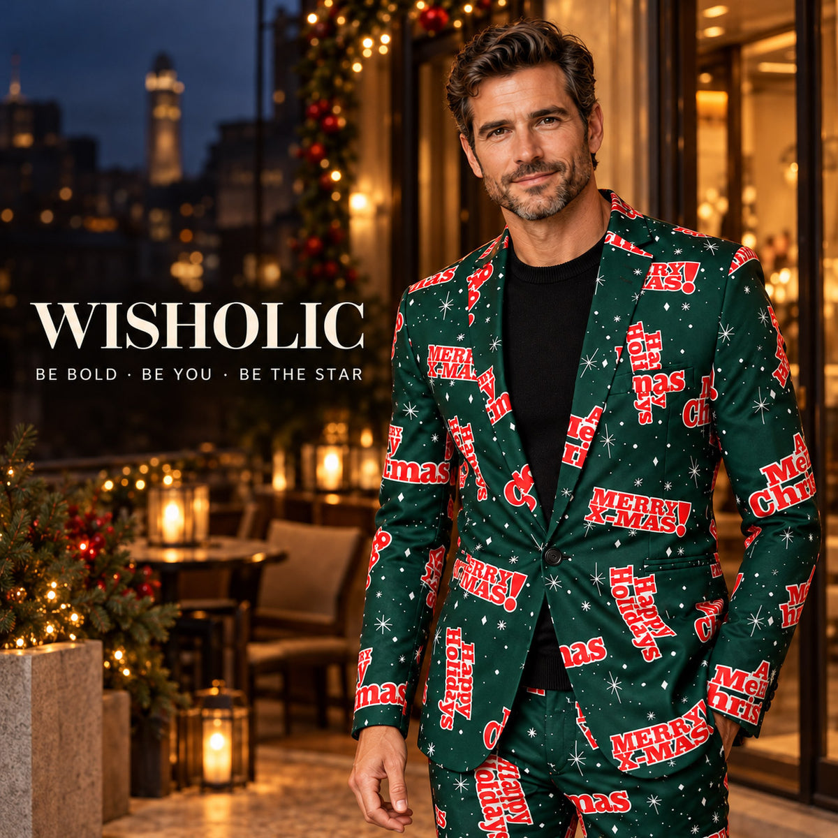 Wisholic holiday campaign photo featuring model in green festive typography Christmas suit standing on a nighttime terrace with city lights