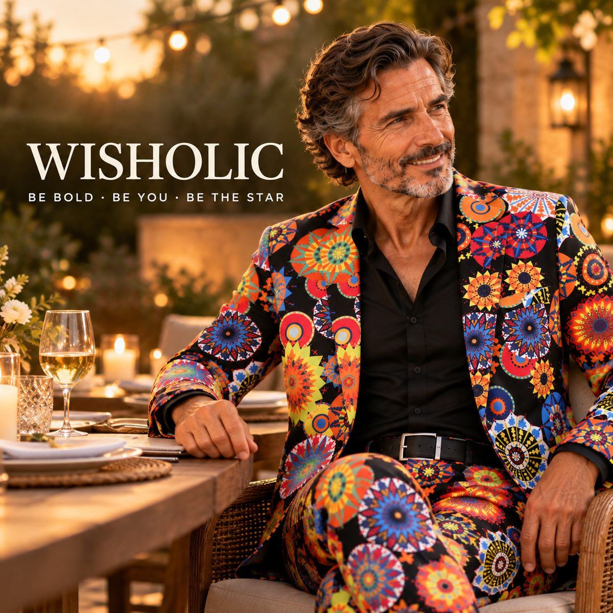 Wisholic campaign photo featuring model in tailored multicolor mandala print suit sitting at an outdoor evening dinner table with fairy lights