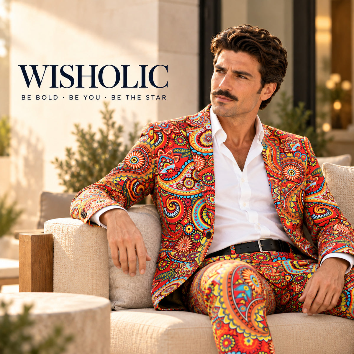 Wisholic campaign photo featuring model in tailored multicolor paisley print suit relaxing on an outdoor patio sofa in golden sunlight