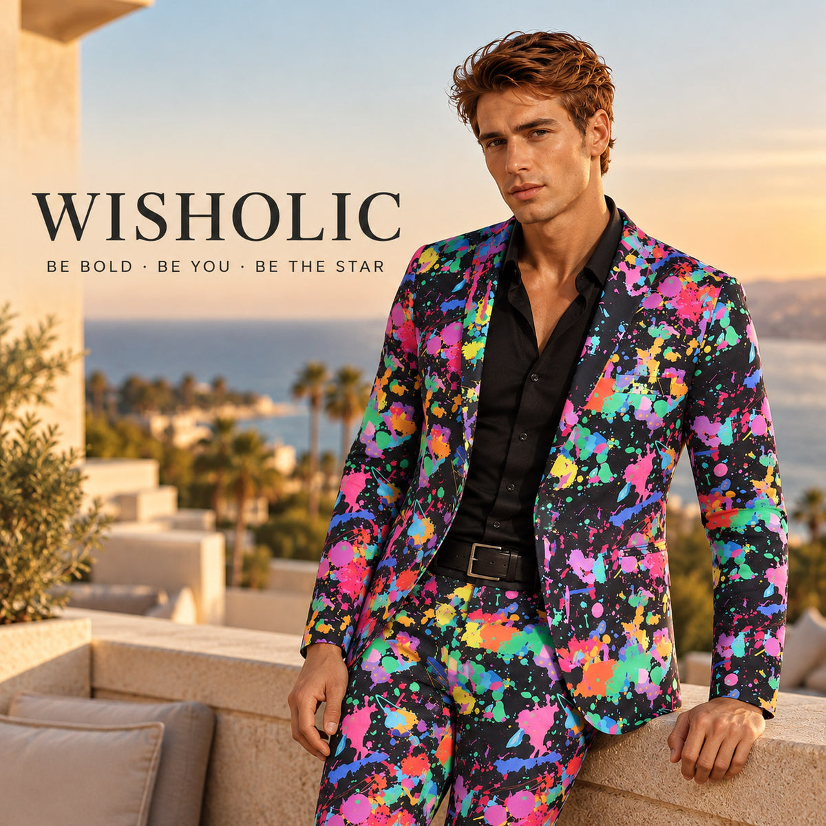 Wisholic brand campaign visual featuring a male model in a bold colorful paint splatter suit with slogan Be Bold Be You