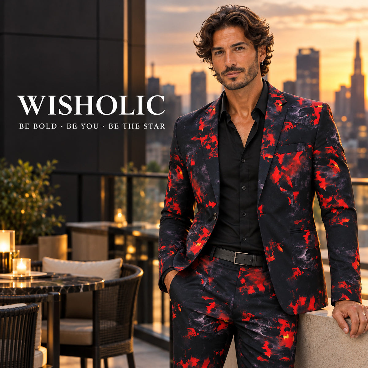 Wisholic Be Bold signature red and black fire patterned men's statement suit with urban city skyline background