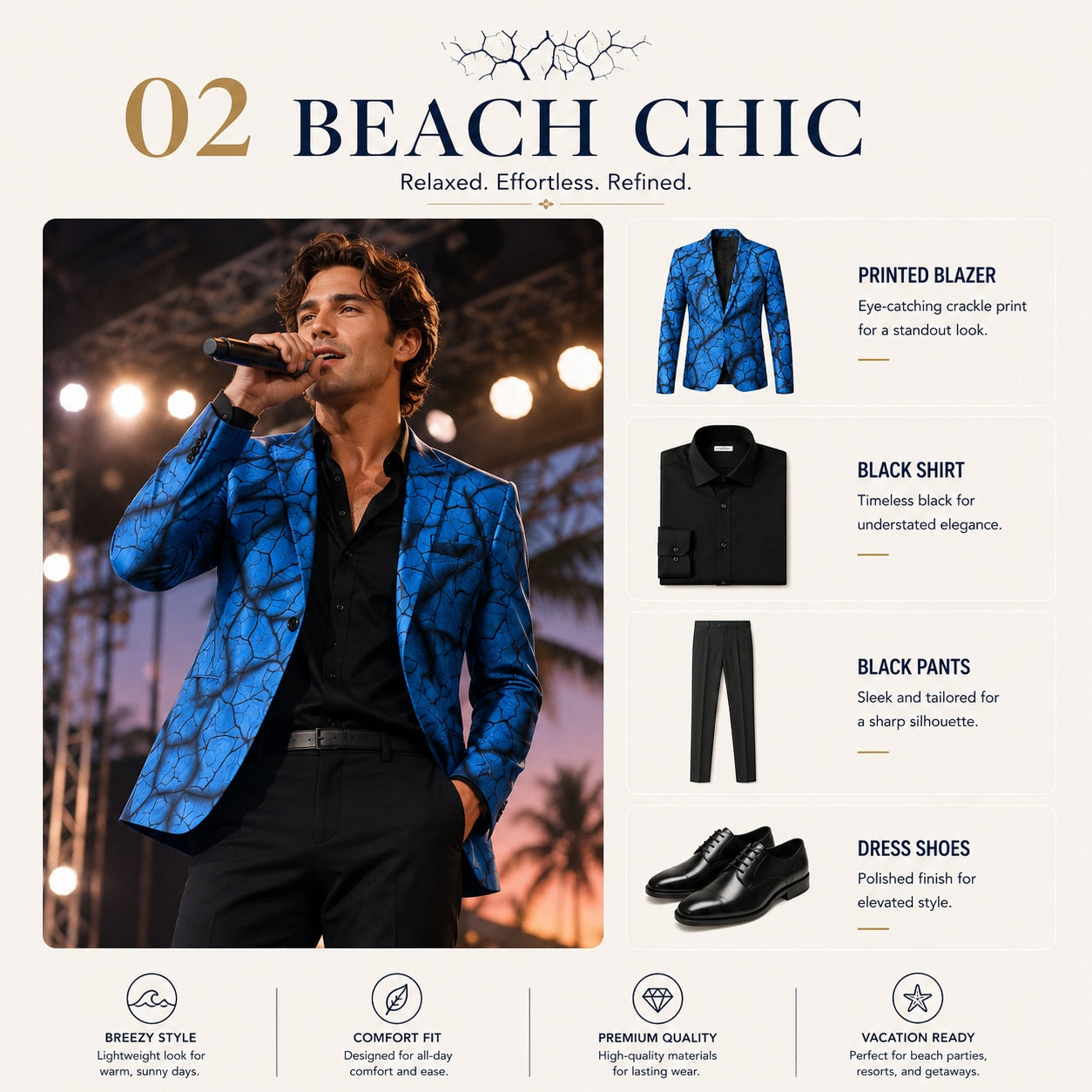 WISHOLIC Beach Chic Style Guide: Pairing a blue crackle print blazer with sleek black tailored pants for a versatile vacation outfit.