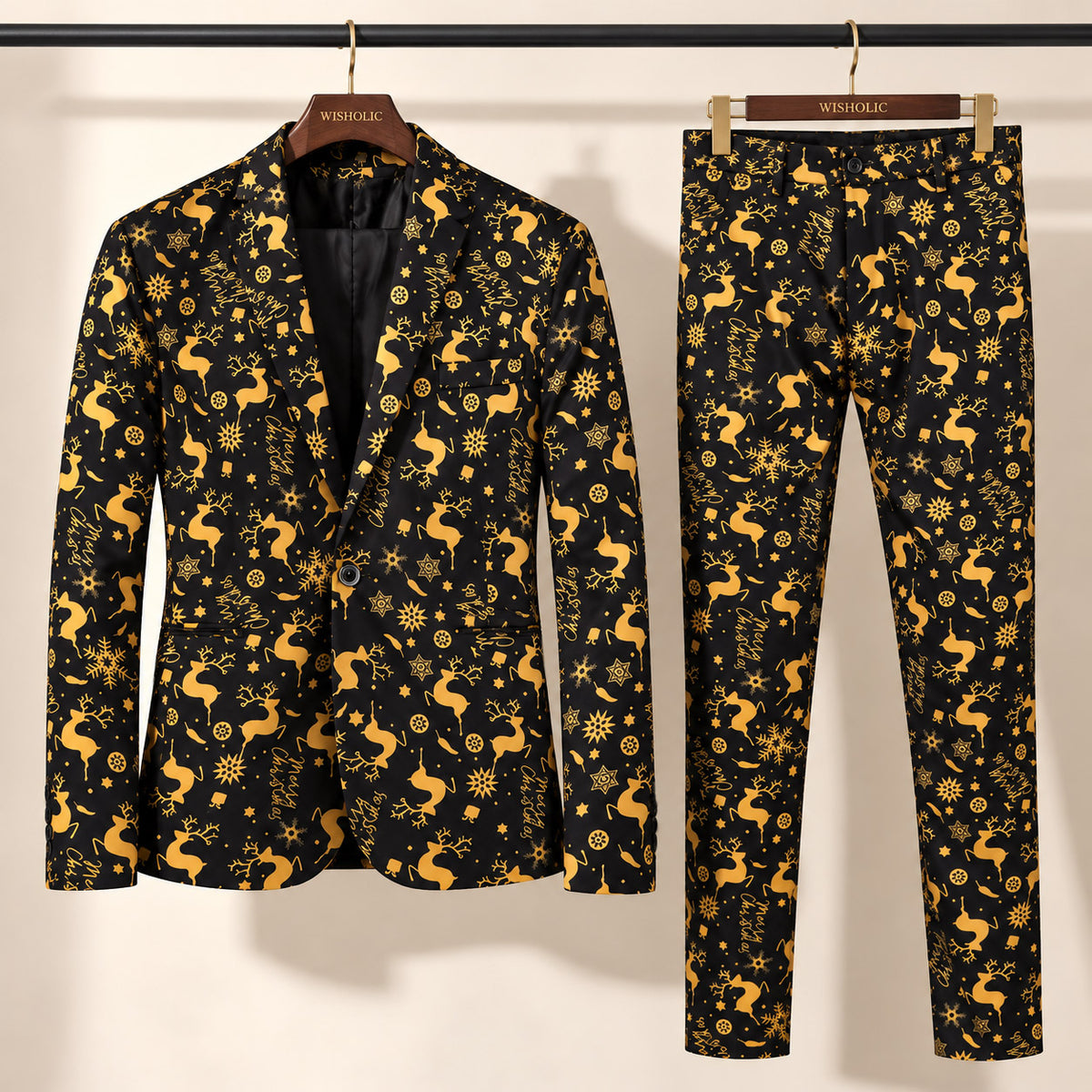 Wisholic two-piece Christmas suit set featuring black and gold snowflake reindeer print blazer and matching tailored trousers on hangers