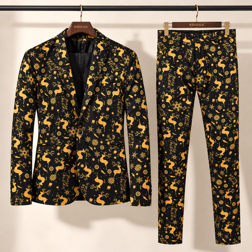Wisholic two-piece Christmas suit set featuring black and gold snowflake reindeer print blazer and matching tailored trousers on hangers