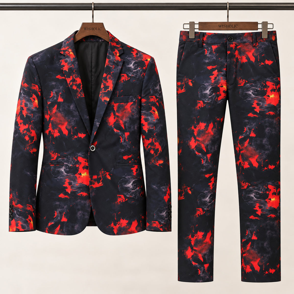 Wisholic 2-piece printed suit set including notched lapel blazer and matching trousers in red flame smoke print
