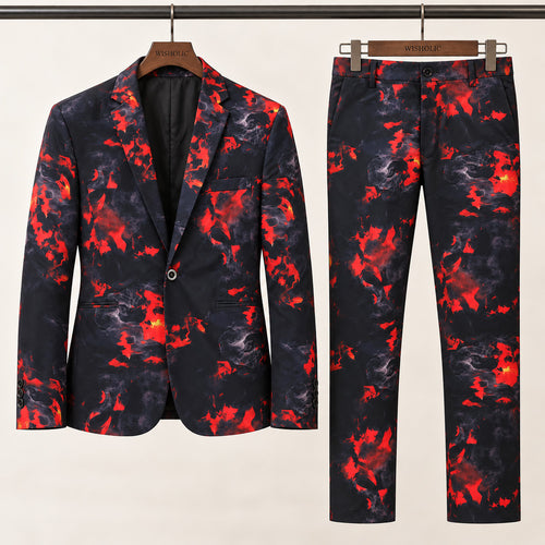 Wisholic 2-piece printed suit set including notched lapel blazer and matching trousers in red flame smoke print