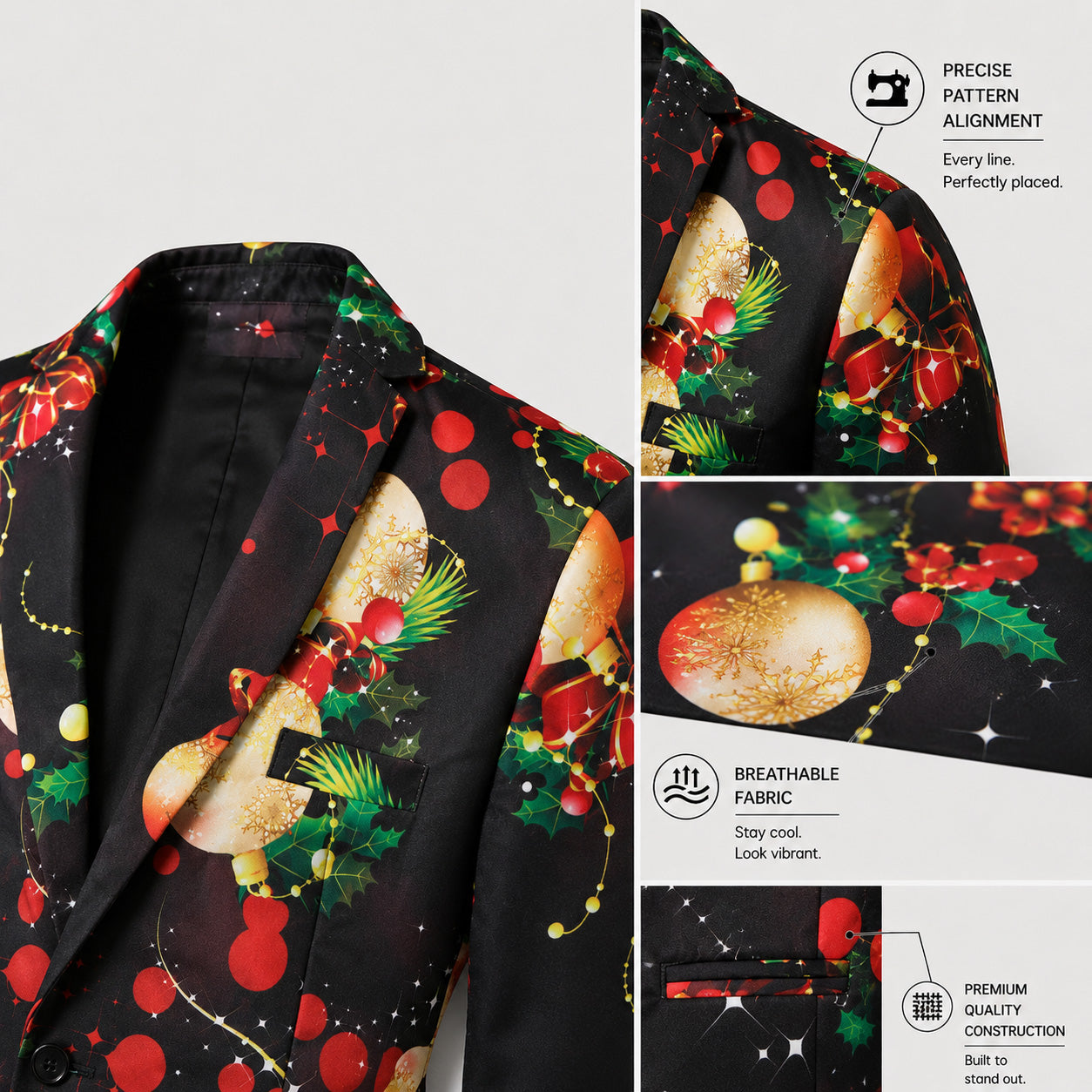 Detailed close-up of Wisholic black Christmas blazer highlighting precise pattern alignment, breathable fabric, and pocket design