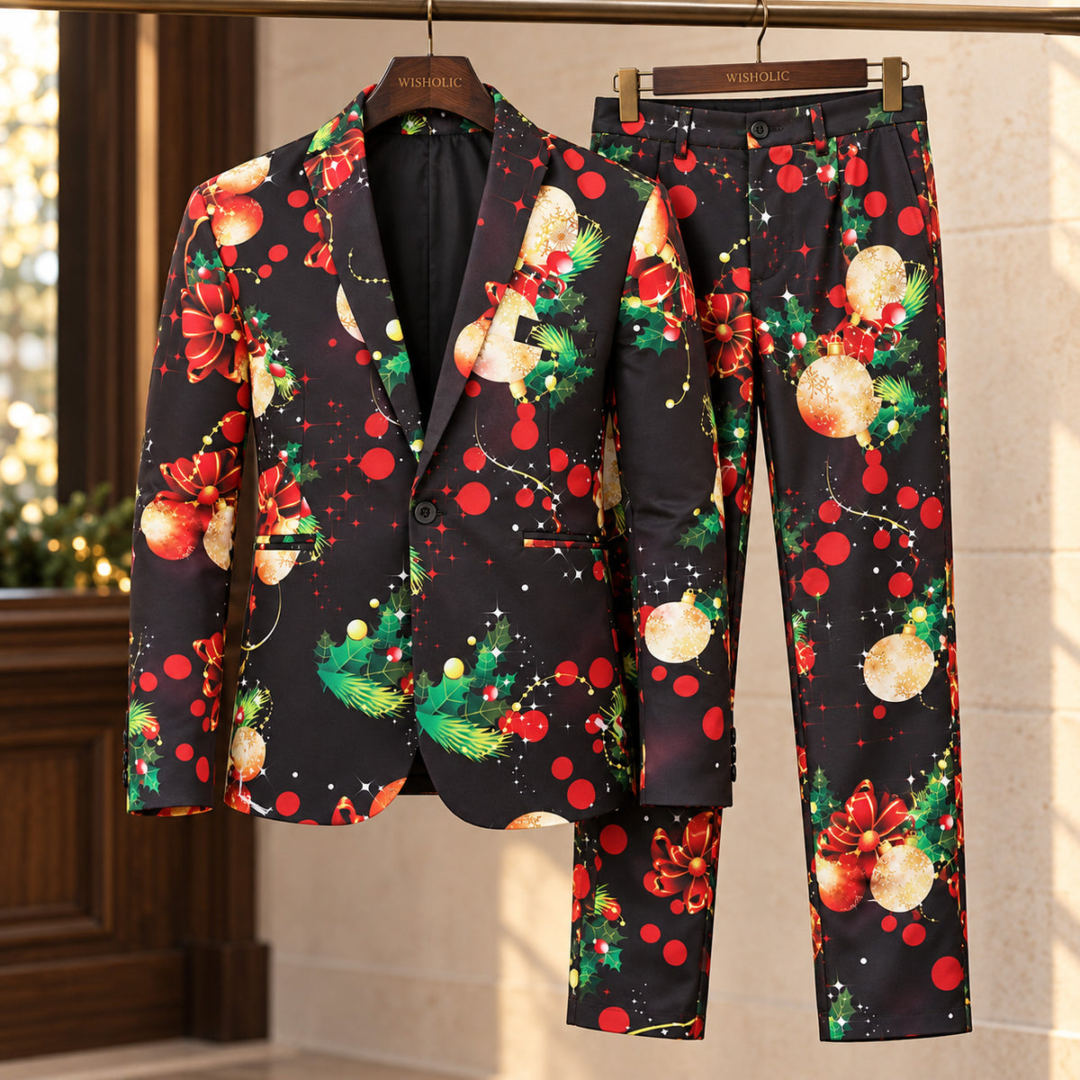WISHOLIC black Christmas print two-piece men's suit featuring a single-button blazer and matching trousers displayed on wooden hangers.