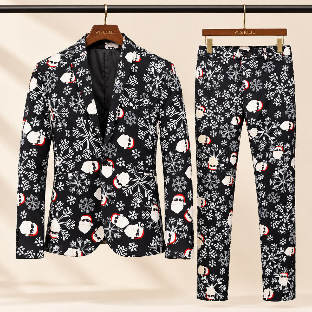 Wisholic two-piece Christmas party suit set including black printed blazer and matching trousers with snowflakes and Santa Claus pattern on hangers