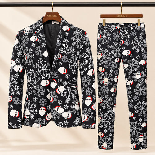 Wisholic two-piece Christmas party suit set including black printed blazer and matching trousers with snowflakes and Santa Claus pattern on hangers
