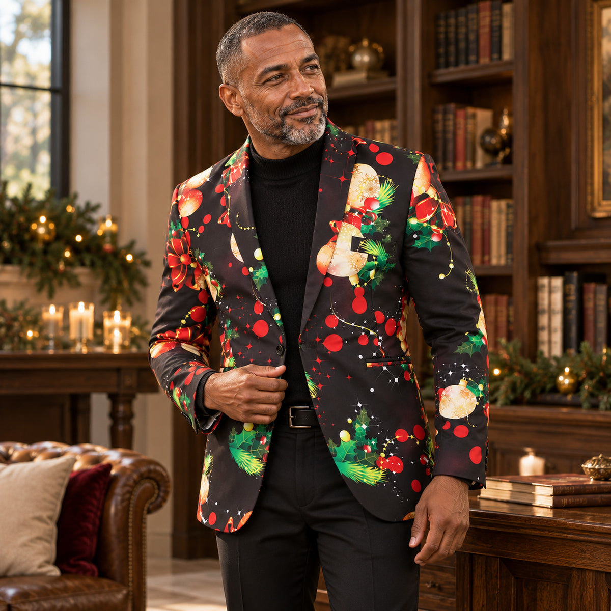 WISHOLIC men's black Christmas ornament print blazer styled with a black turtleneck and black trousers for a refined holiday outfit.