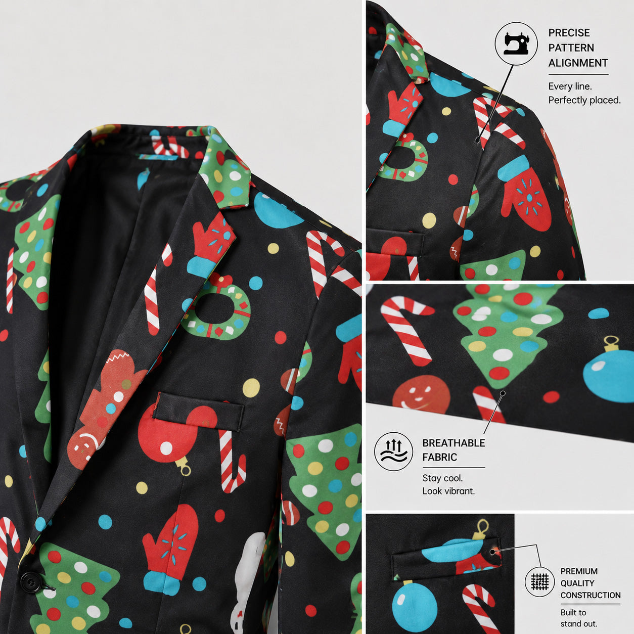 Close-up design details of Wisholic men's black Christmas jacket showing pattern alignment and premium breathable fabric