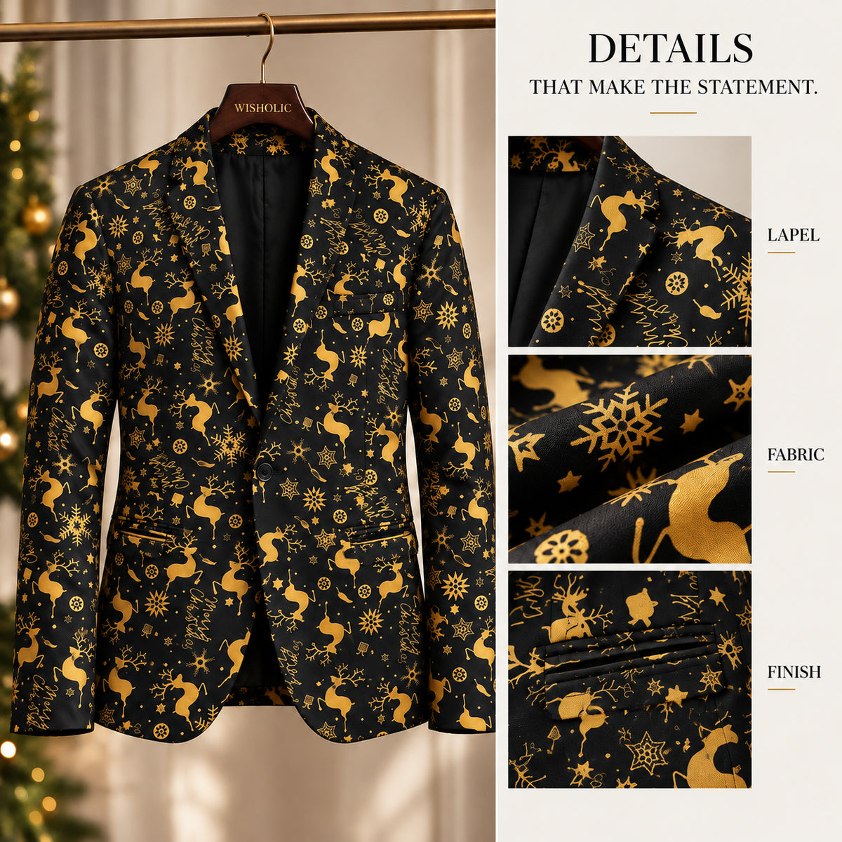 Close-up details of Wisholic black and gold Christmas suit jacket featuring lapel, premium printed fabric, and refined pocket finish.