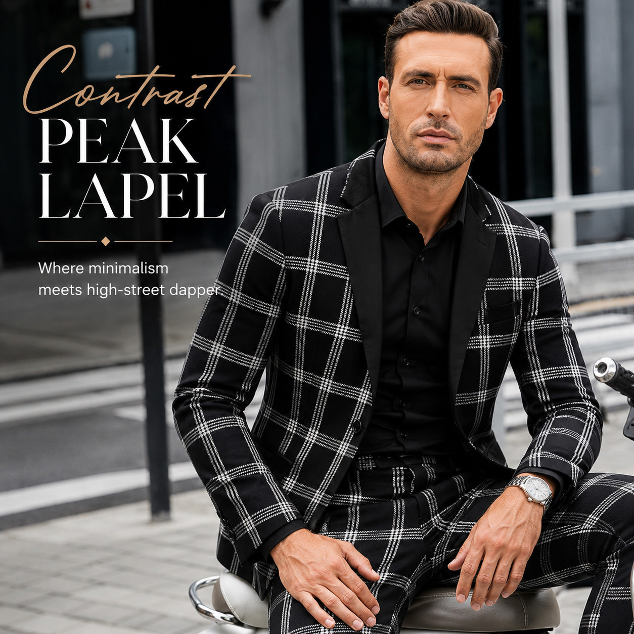 Close-up of the Wisholic black and white plaid suit highlighting the premium contrast peak lapel design for an elevated minimalist aesthetic.