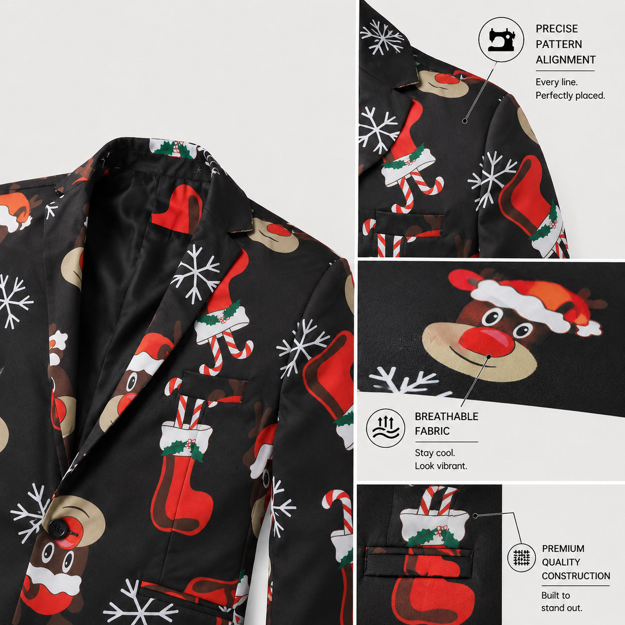 Detailed product features of Wisholic black reindeer print blazer highlighting shoulder pattern alignment, breathable fabric, and premium stitching