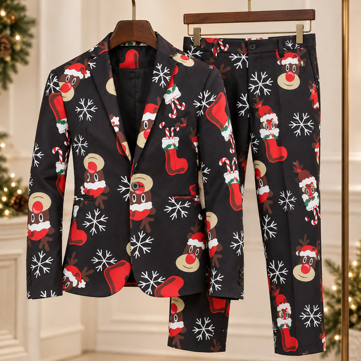 WISHOLIC black reindeer Christmas two-piece suit featuring a one-button printed blazer and matching trousers displayed on wooden hangers.