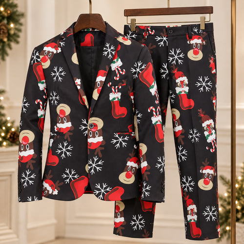 WISHOLIC black reindeer Christmas two-piece suit featuring a one-button printed blazer and matching trousers displayed on wooden hangers.