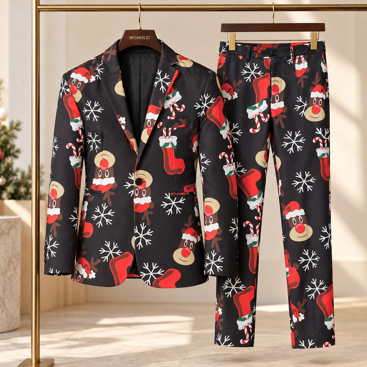 Wisholic black holiday printed blazer and matching trousers hanging on display with brand logo hanger.