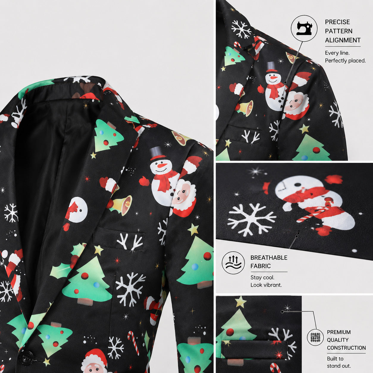 Product feature details of Wisholic black Santa print Christmas blazer showing pattern alignment, breathable fabric, and stitching