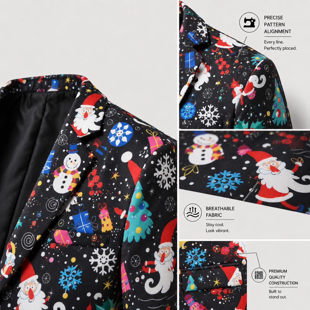 Detailed close-up of Wisholic black cartoon Christmas blazer showing sharp lapel, breathable fabric, and precise pattern alignment